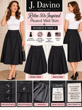 J. Davino Women’s Size 2 Black Pleated Midi Skirt Retro 50s Style Made USA